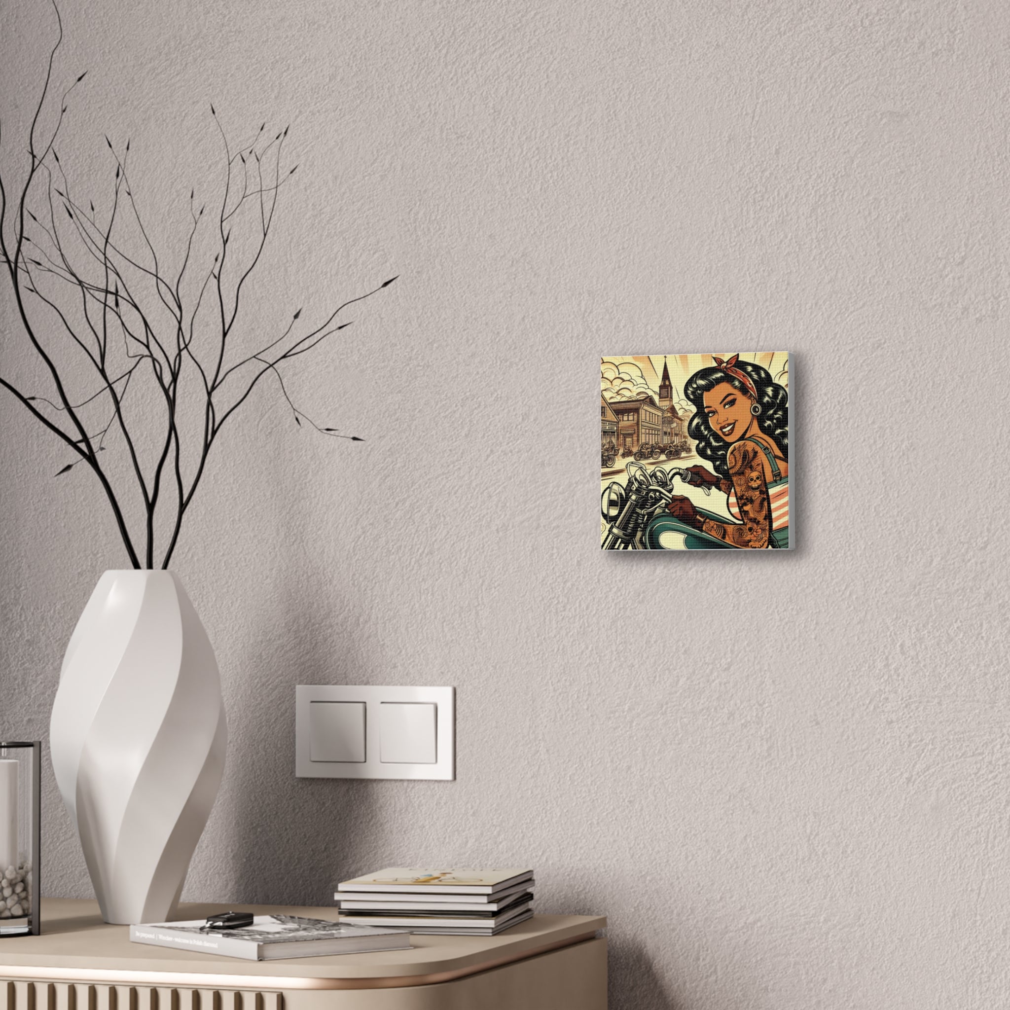 Hot Chick on a Bike in some Dusty Desert Town Canvas Print
