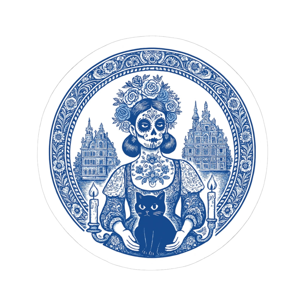 Blue Floral Catrina with Black Cat