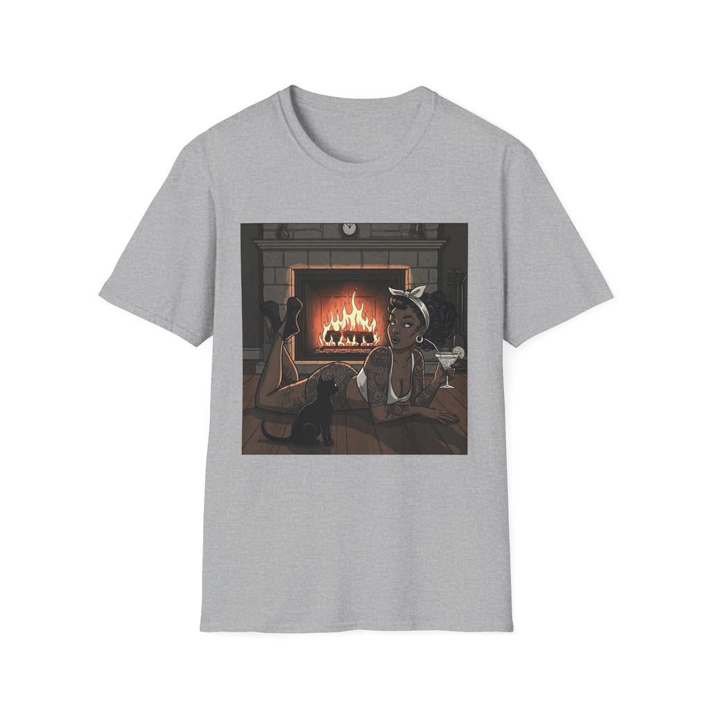 Cozy Fireplace Scene T-Shirt — Relaxing by the Hearth Graphic Tee